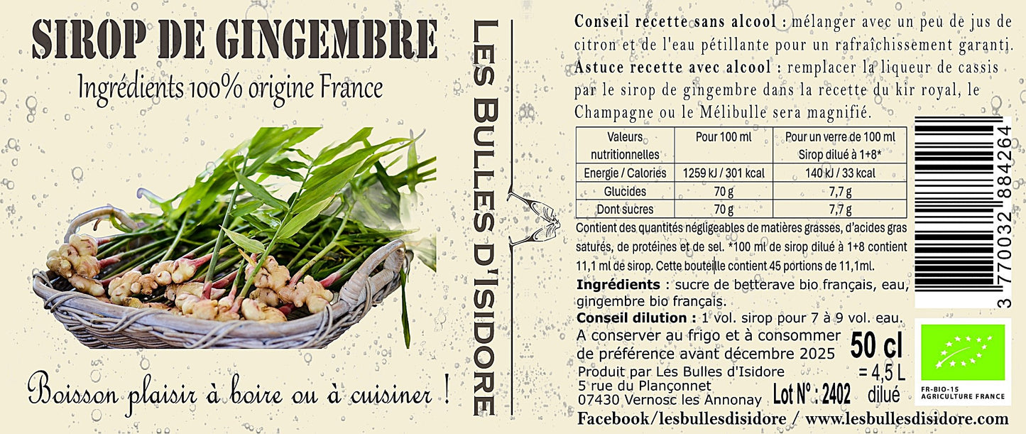 Sirop de Gingembre bio et 100% français 50cl - Les Bulles d'Isidore